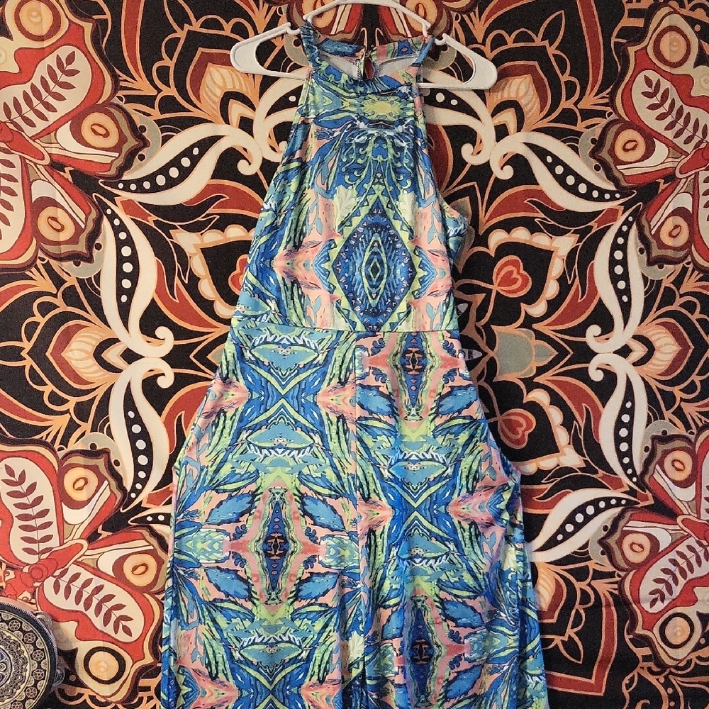Blue and Green Halter Resort Maxi Dress